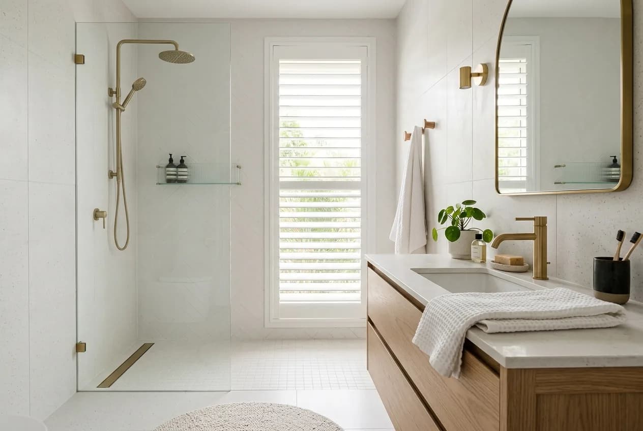 White polyresin plantation shutter on an ensuite window beside the shower