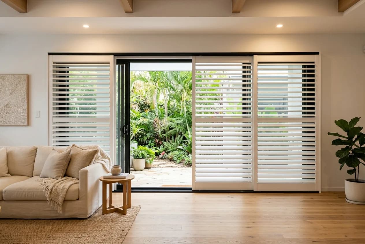 Sliding plantation shutters on a glass door to the garden