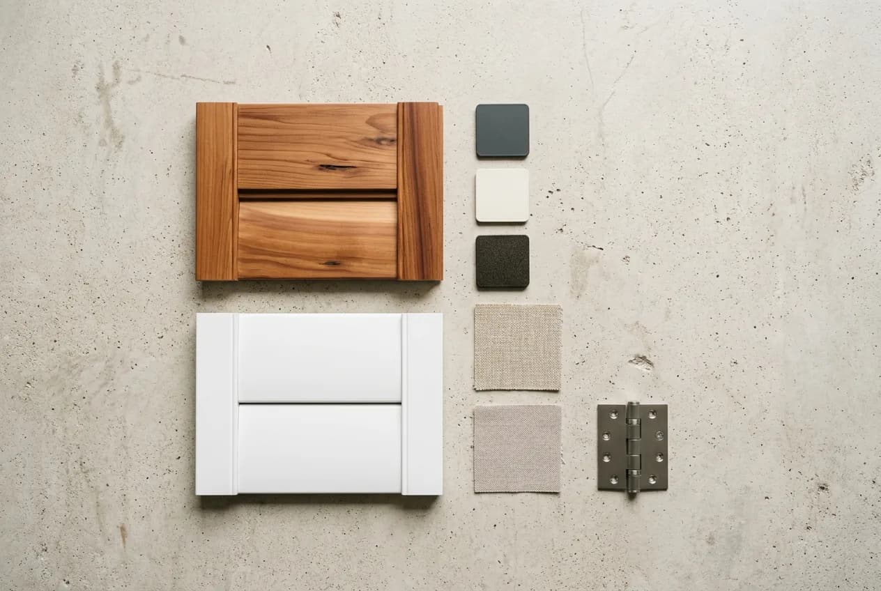 Material board: cedar and white polyresin louvres, powder-coat colour chips, fabric swatches and a hinge on concrete