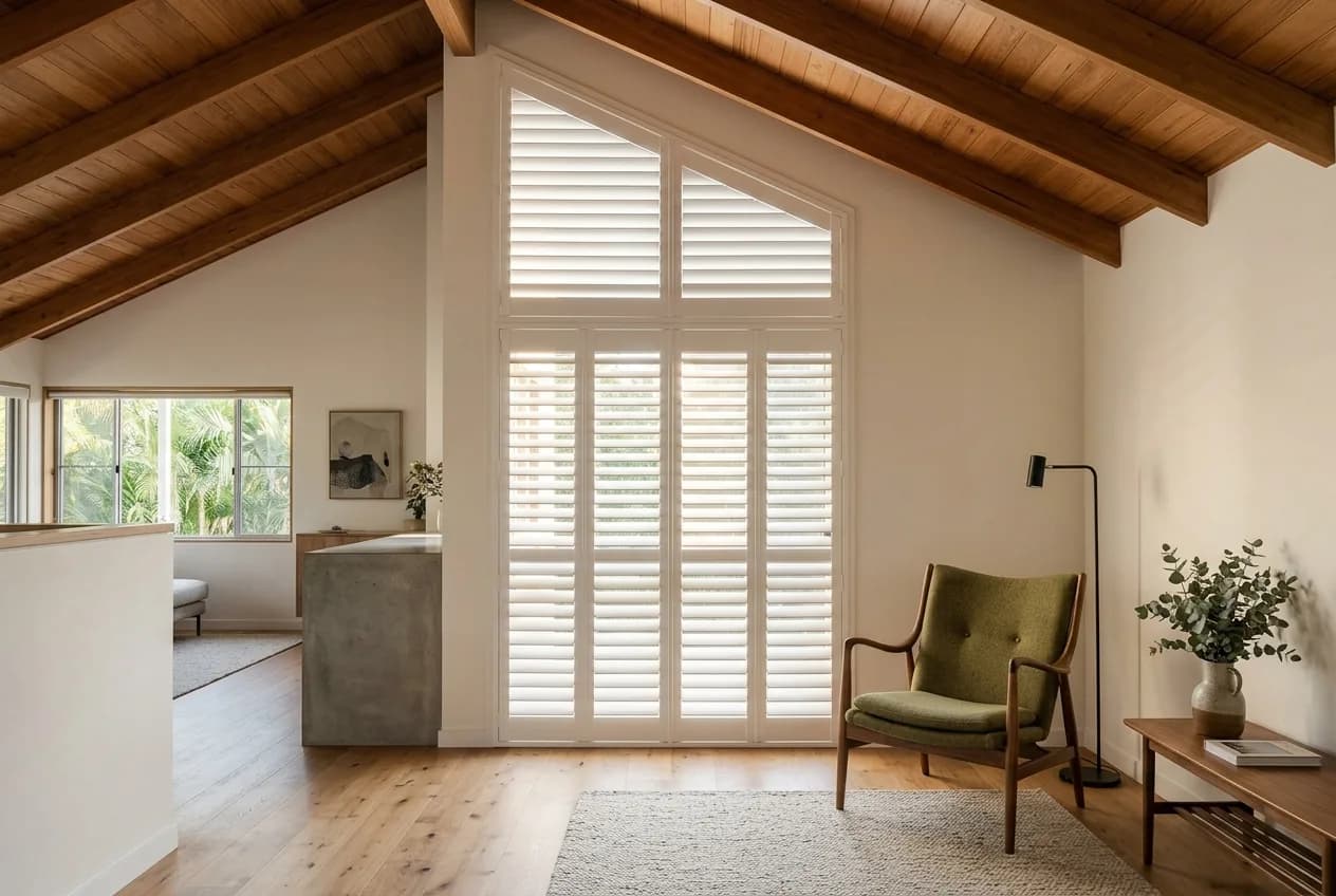 Custom white shutters shaped to a raked window under a timber ceiling