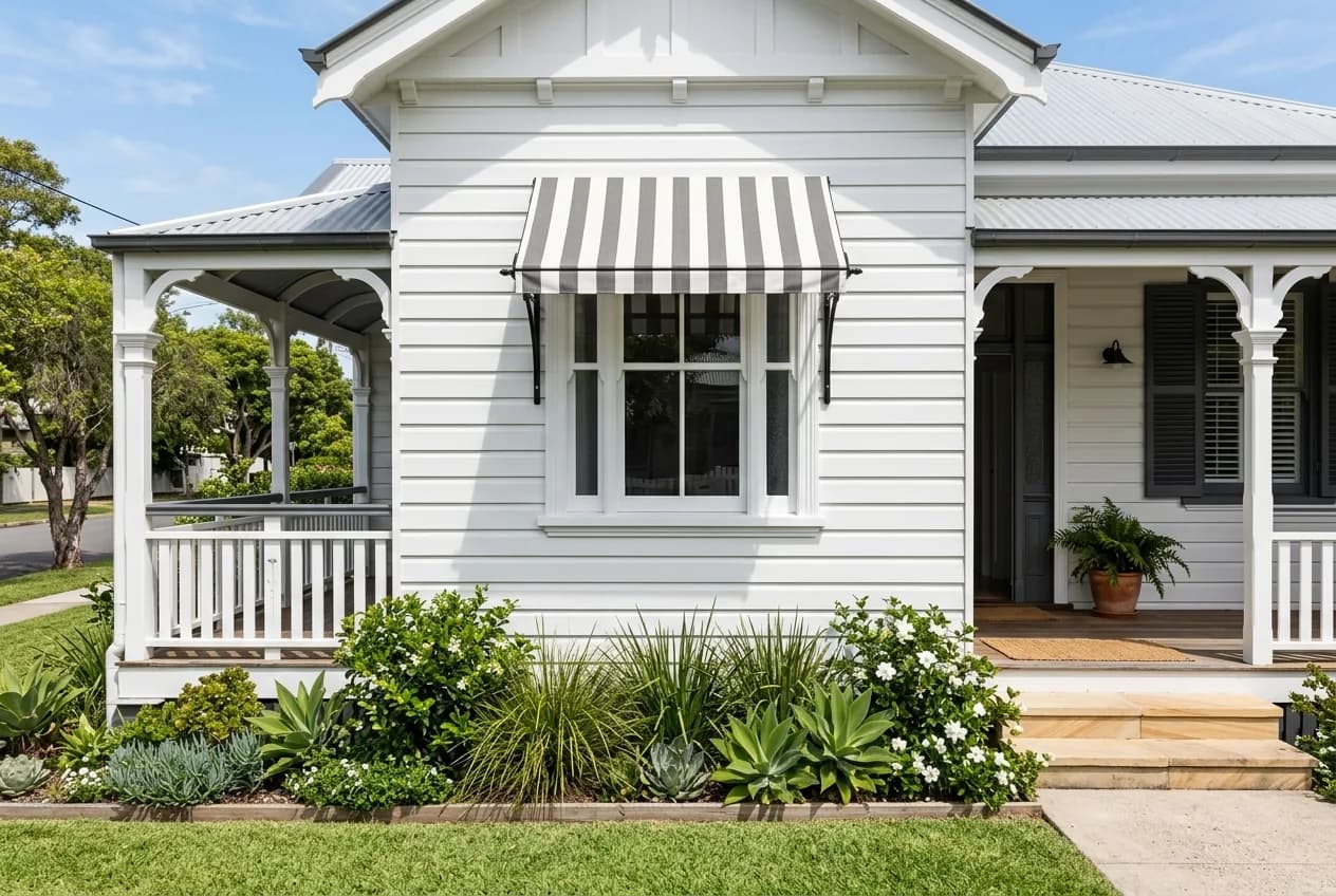 A striped canvas awning over the front window of a white weatherboard Queenslander