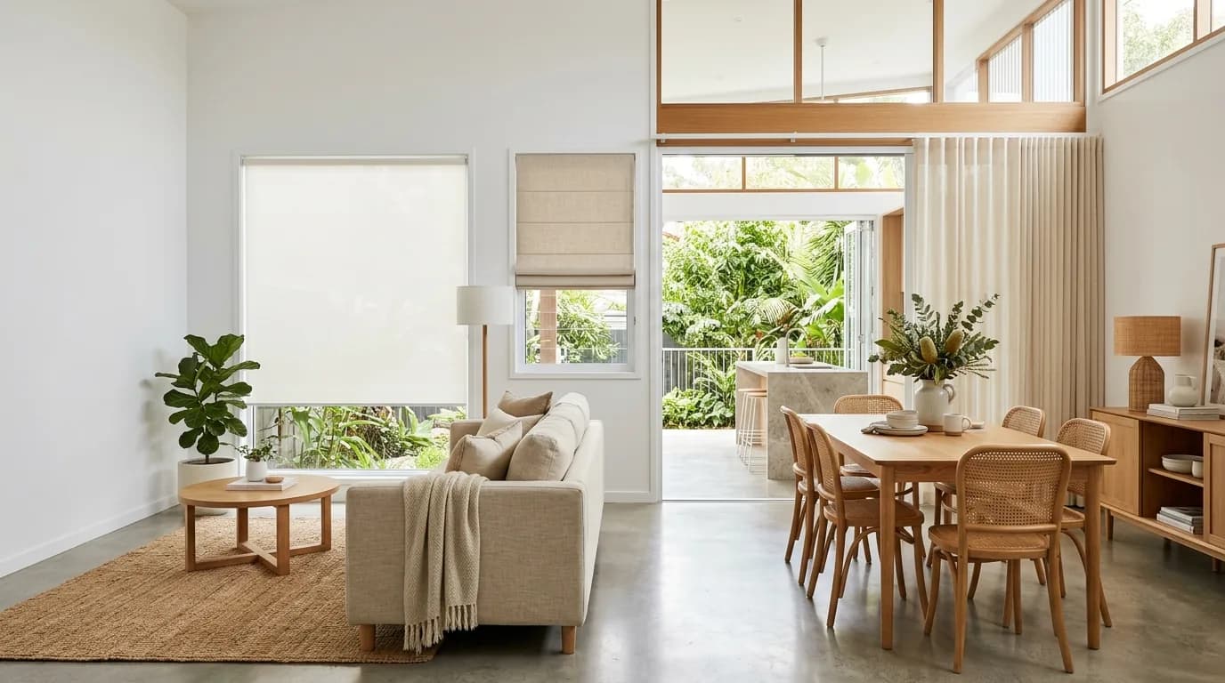 A roman blind alongside other blinds in an open-plan home