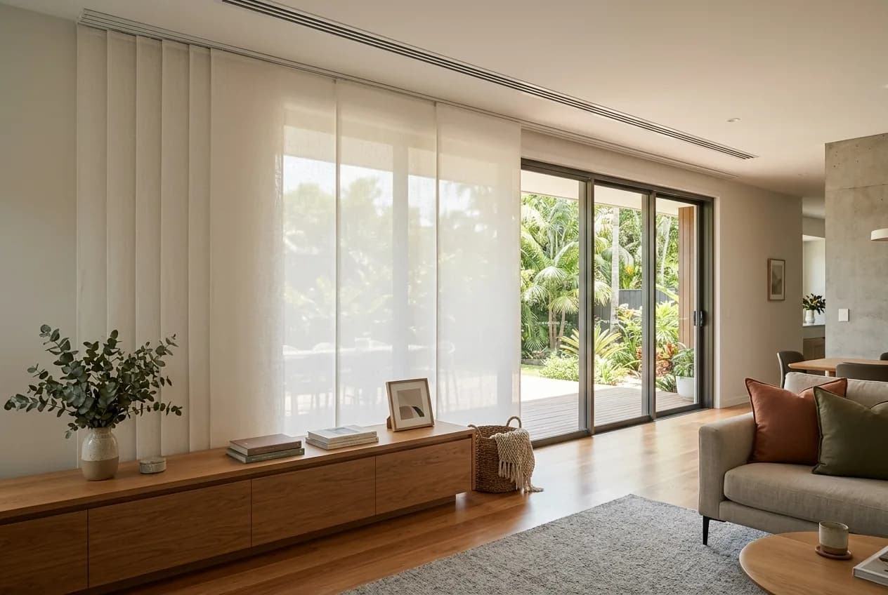 Panel glide blinds stacked on a wide stacker door
