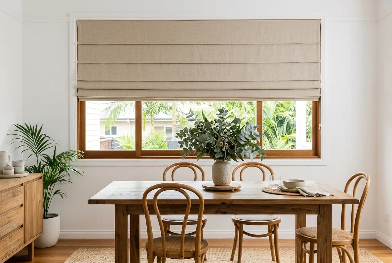 Sand linen roman blind half raised in soft pleats above a dining table