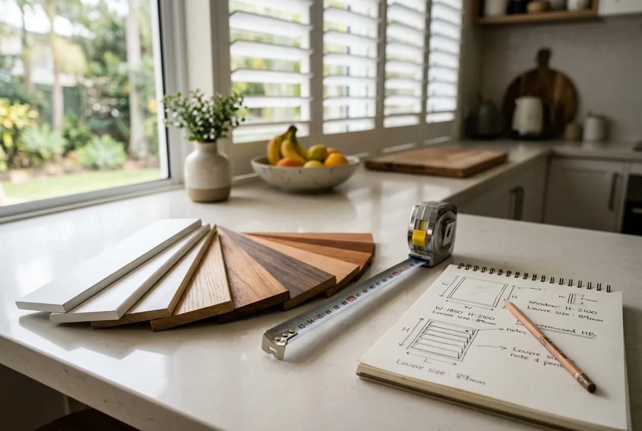 Shutter louvre samples, a tape measure and a sketch of window measurements on a kitchen bench