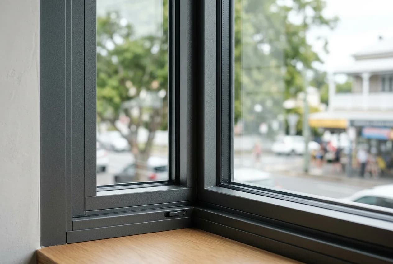Close-up of a double-glazed window frame with a street blurred beyond
