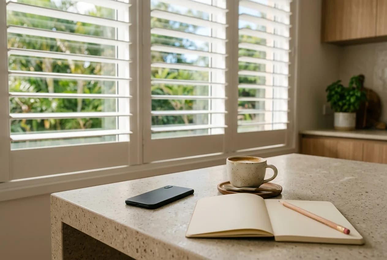 A phone, an open notepad and a coffee on a kitchen bench, white plantation shutters behind