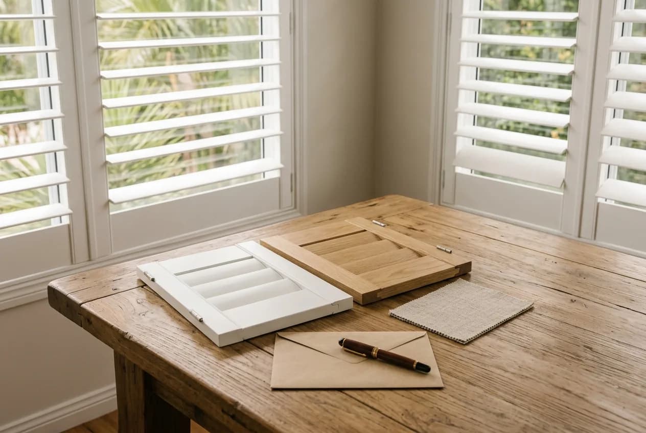 Louvre samples and a fabric swatch on a dining table by a shuttered window