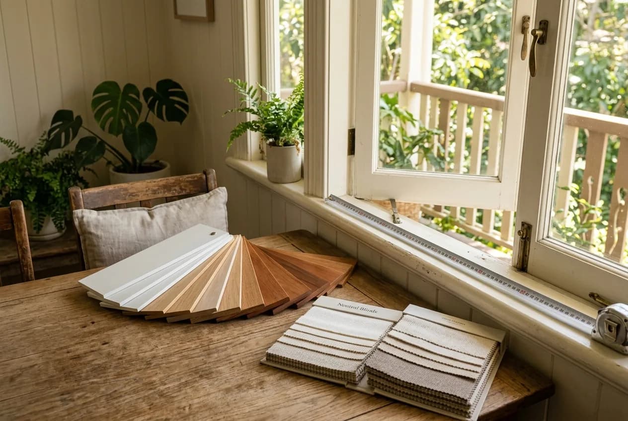 Shutter louvre samples and a fabric swatch book on a table beside a Queenslander window, a tape measure on the sill