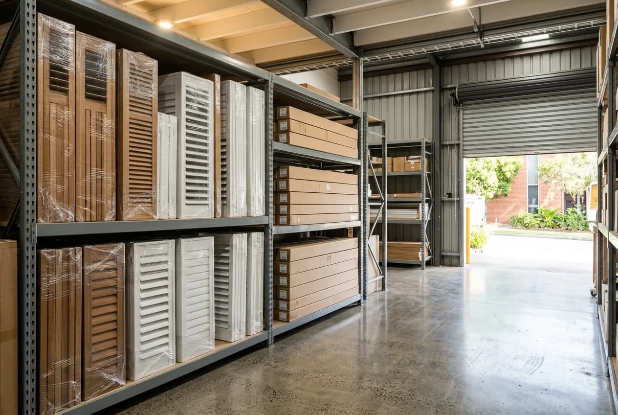 Wrapped made-to-measure shutter panels and boxed blinds on warehouse shelving