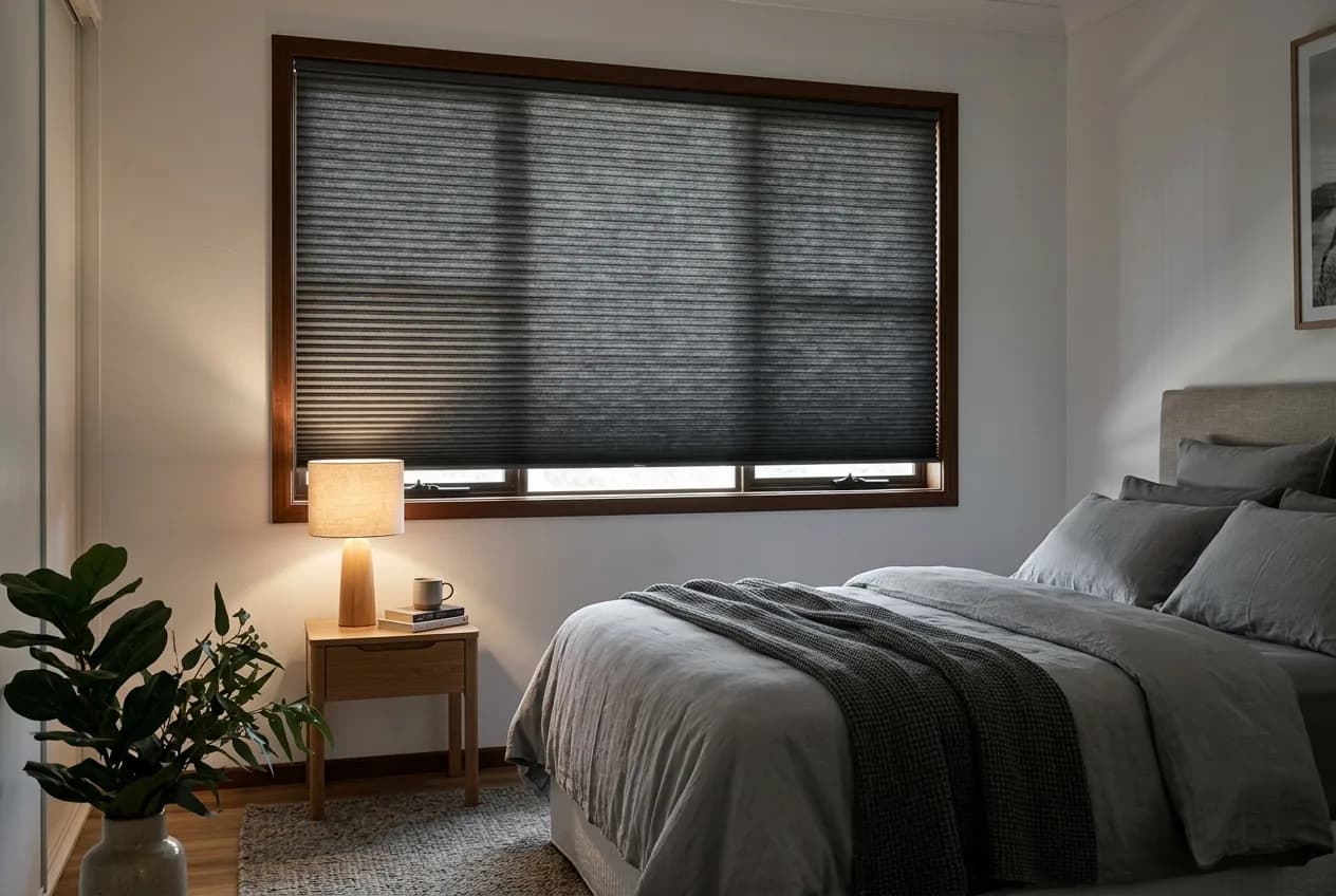 Blockout honeycomb blind in a bedroom