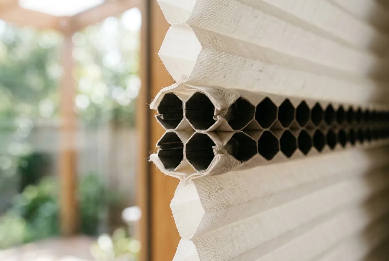 Side-on close-up of a double-cell honeycomb blind showing two rows of hexagonal cells