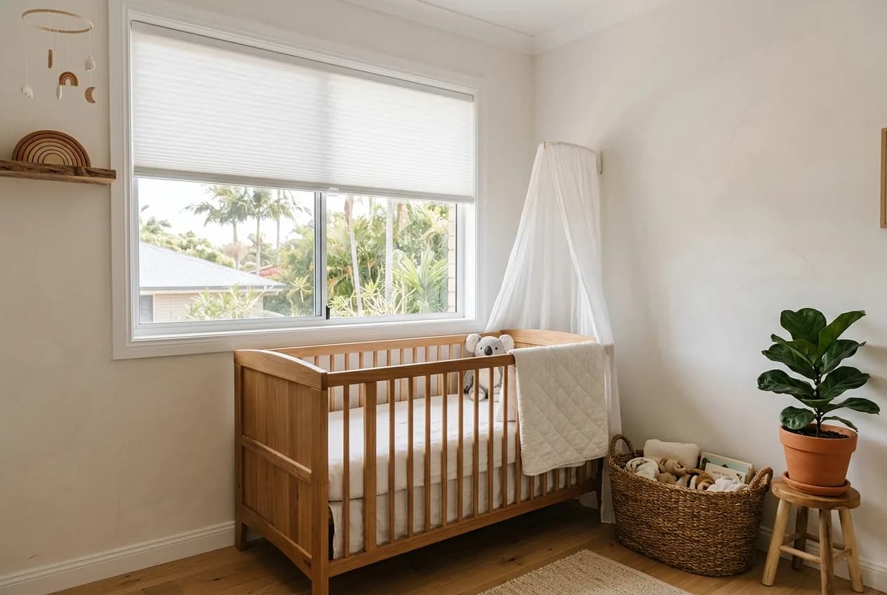 Cordless honeycomb blind half lowered in a nursery, with no cords at the window