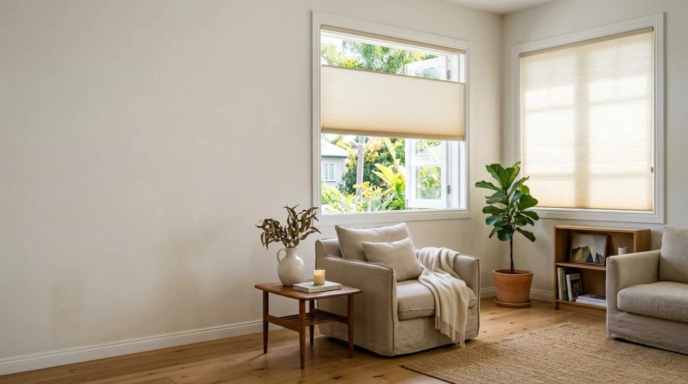 Honeycomb blinds in a living room