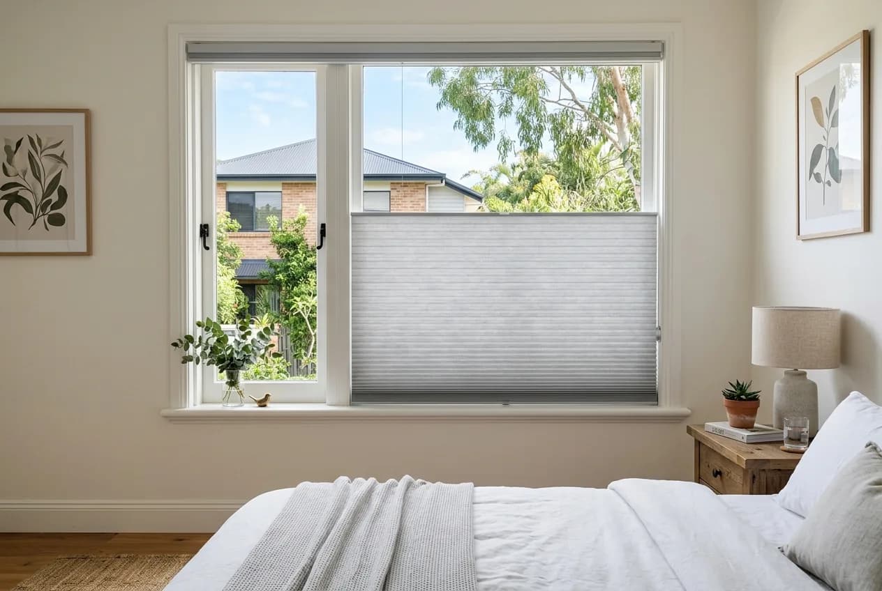 Top-down bottom-up honeycomb blind on a bedroom window