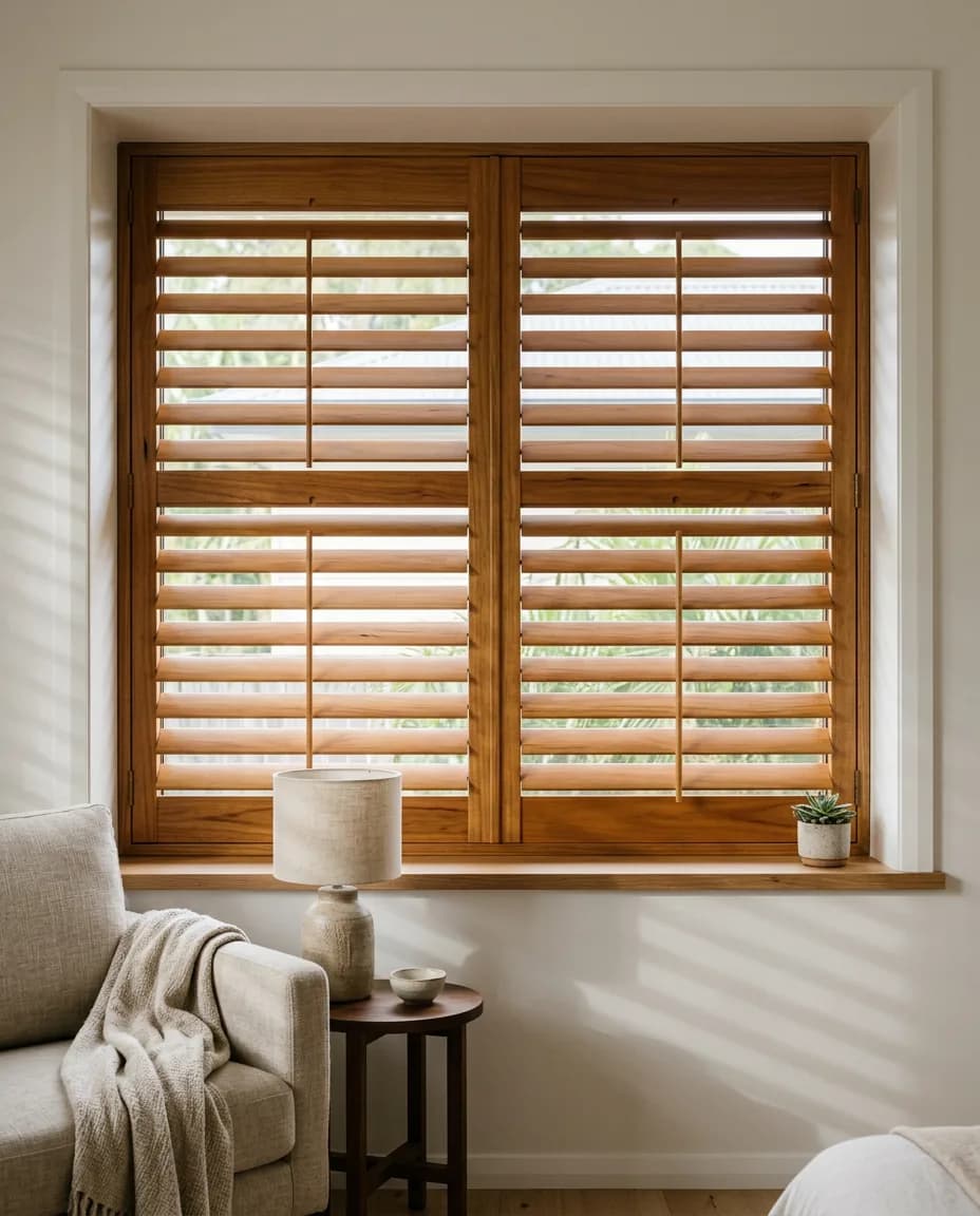 Honey-stained timber plantation shutters on a bedroom window