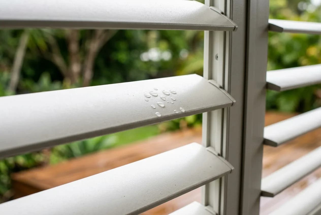 Close detail of powder-coated aluminium shutter louvres