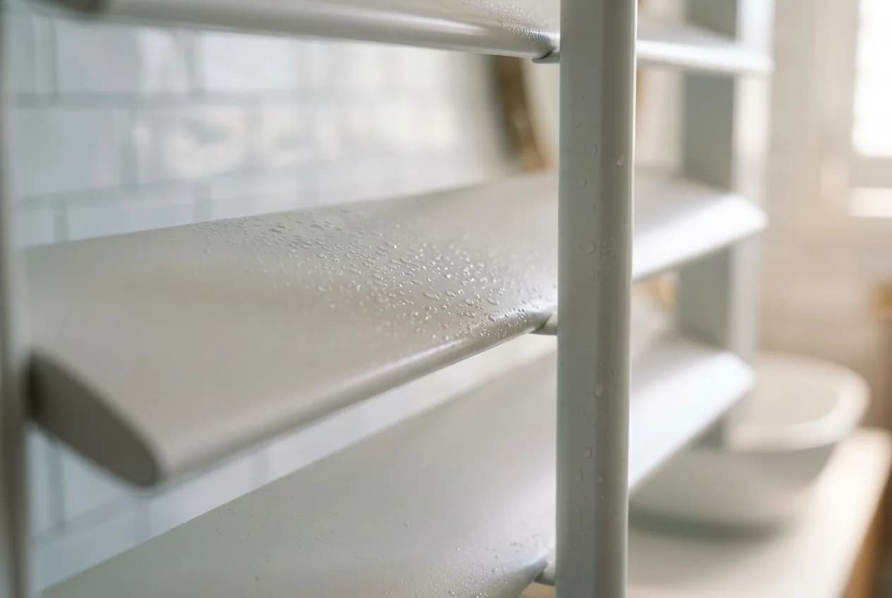 Close detail of a satin white polyresin shutter louvre with water beaded on the surface