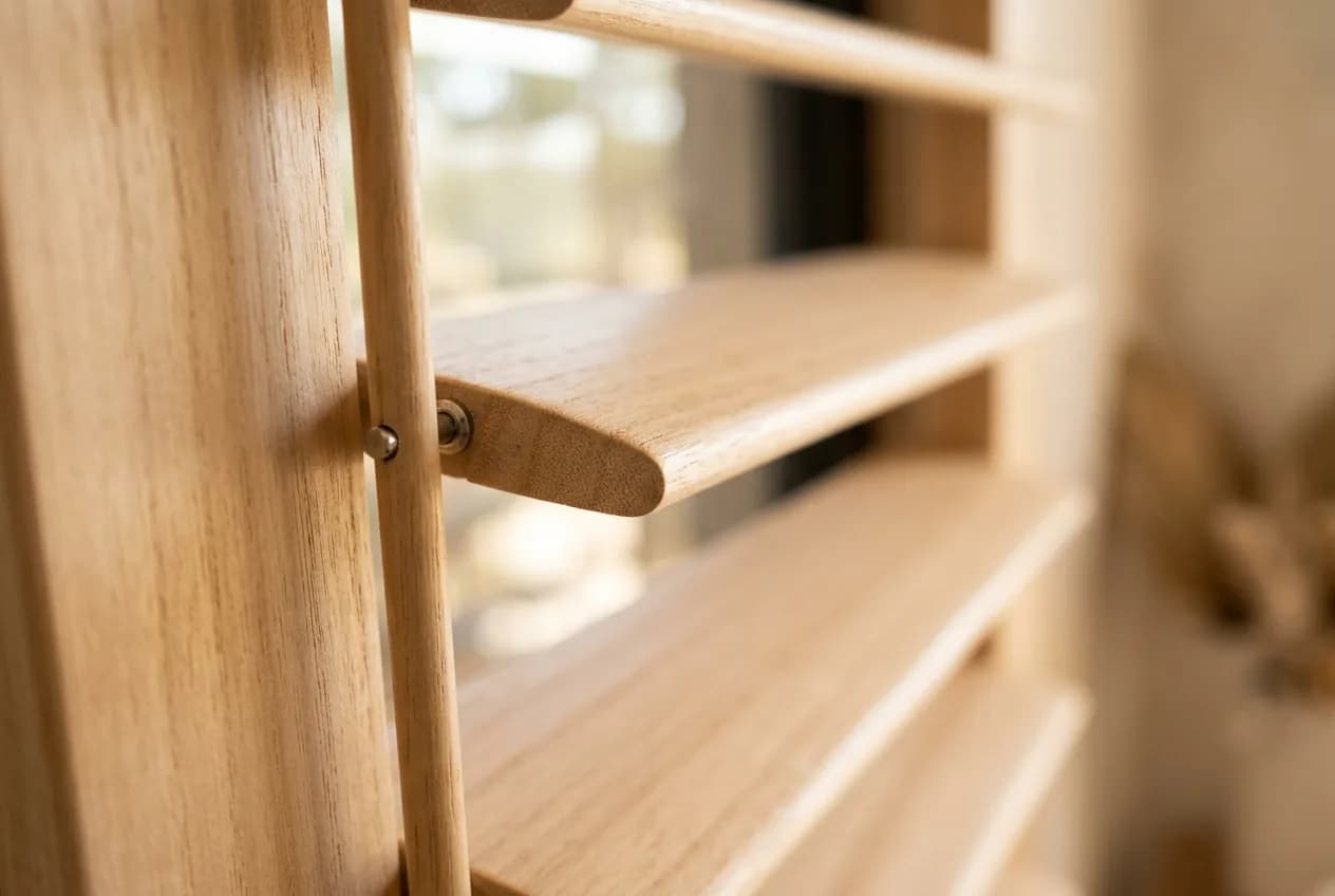 Close detail of a pale Paulownia timber shutter louvre, tilt rod and pin