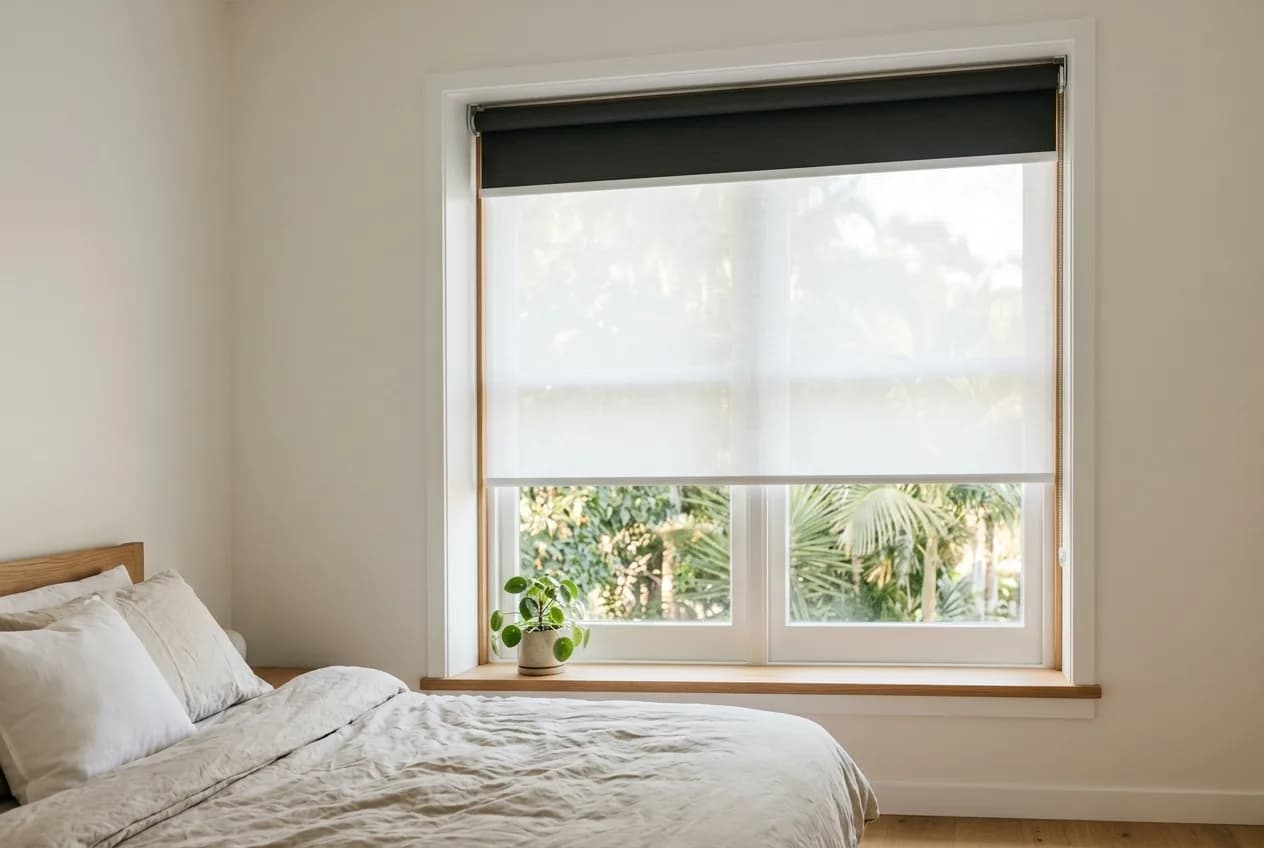 Dual roller blinds with a sheer blind down and a blockout rolled up behind