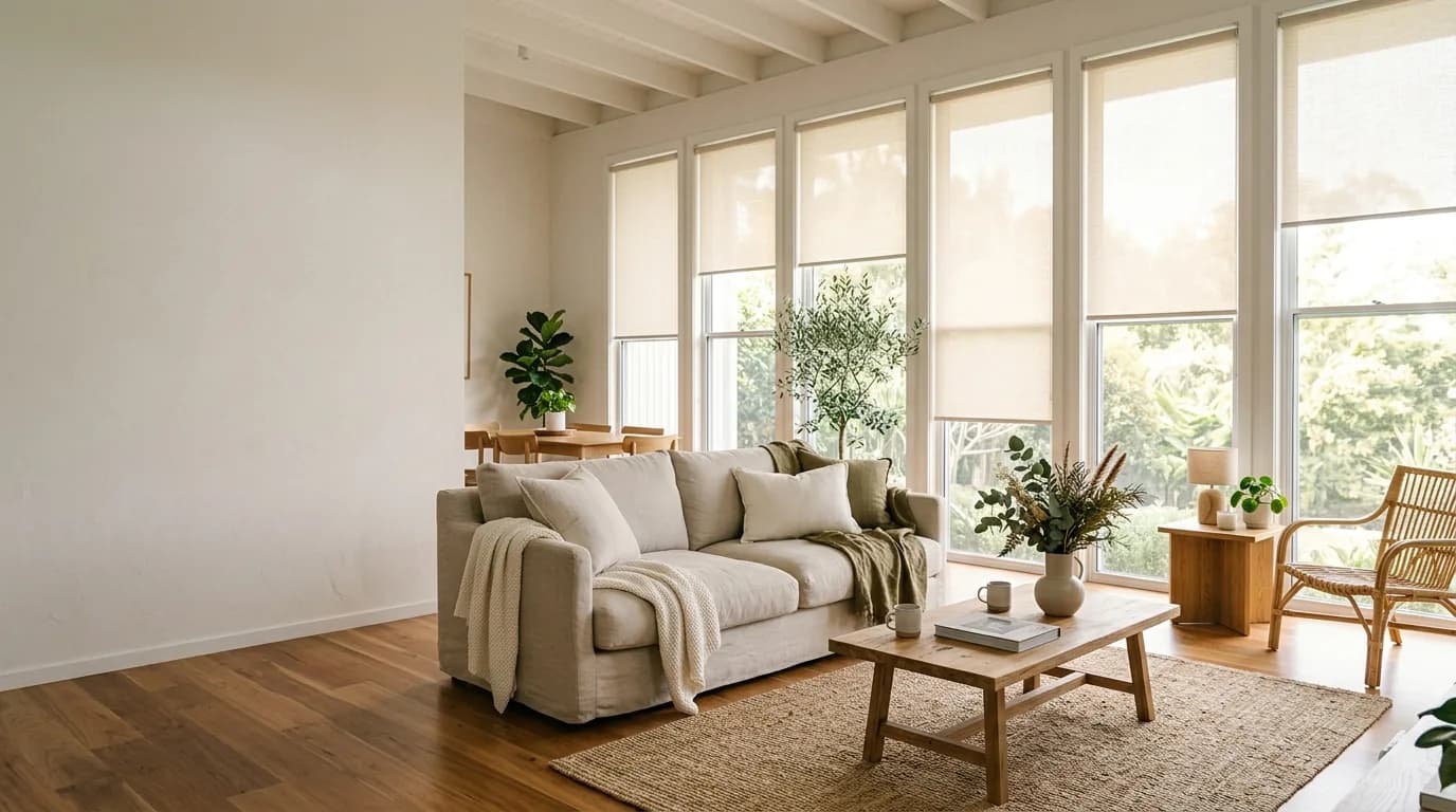 Light-filtering roller blinds lowered to different heights across a wall of tall living-room windows