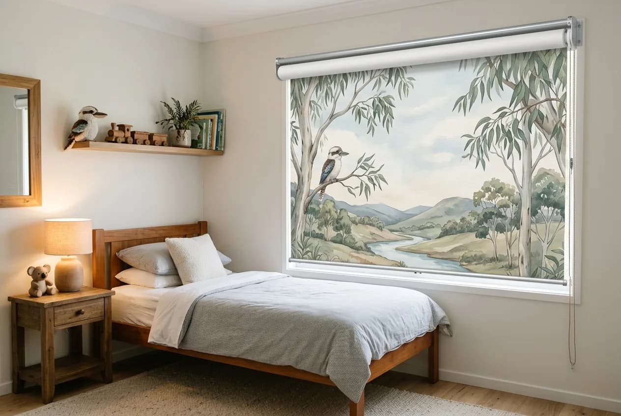 Roller blind printed with an illustrated eucalyptus and kookaburra scene in a child’s bedroom