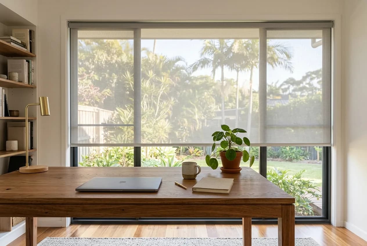 Sunscreen roller blind softening afternoon glare in a home office