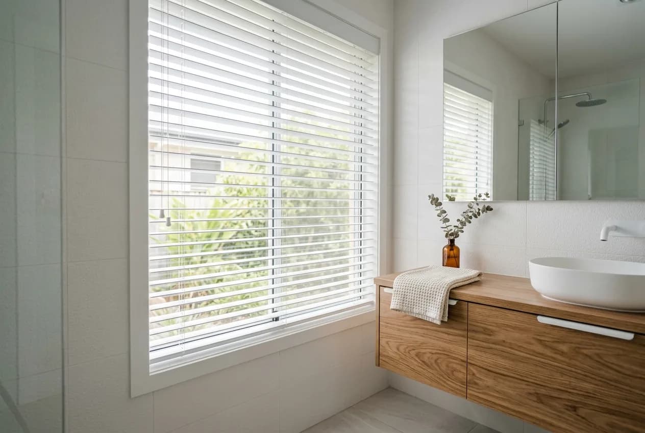 Slim white aluminium venetian blind on a bathroom window