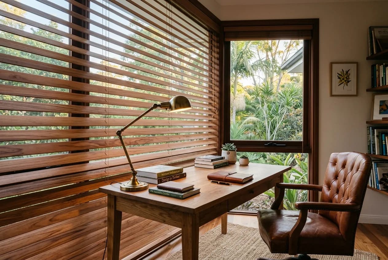 Western Red Cedar venetian blinds in a study