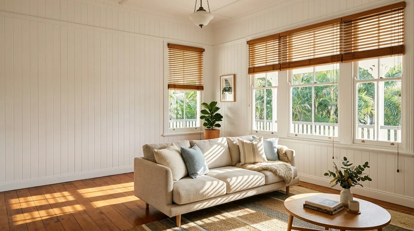 Honey-toned timber venetian blinds on the tall windows of a Queenslander living room, casting stripes of light