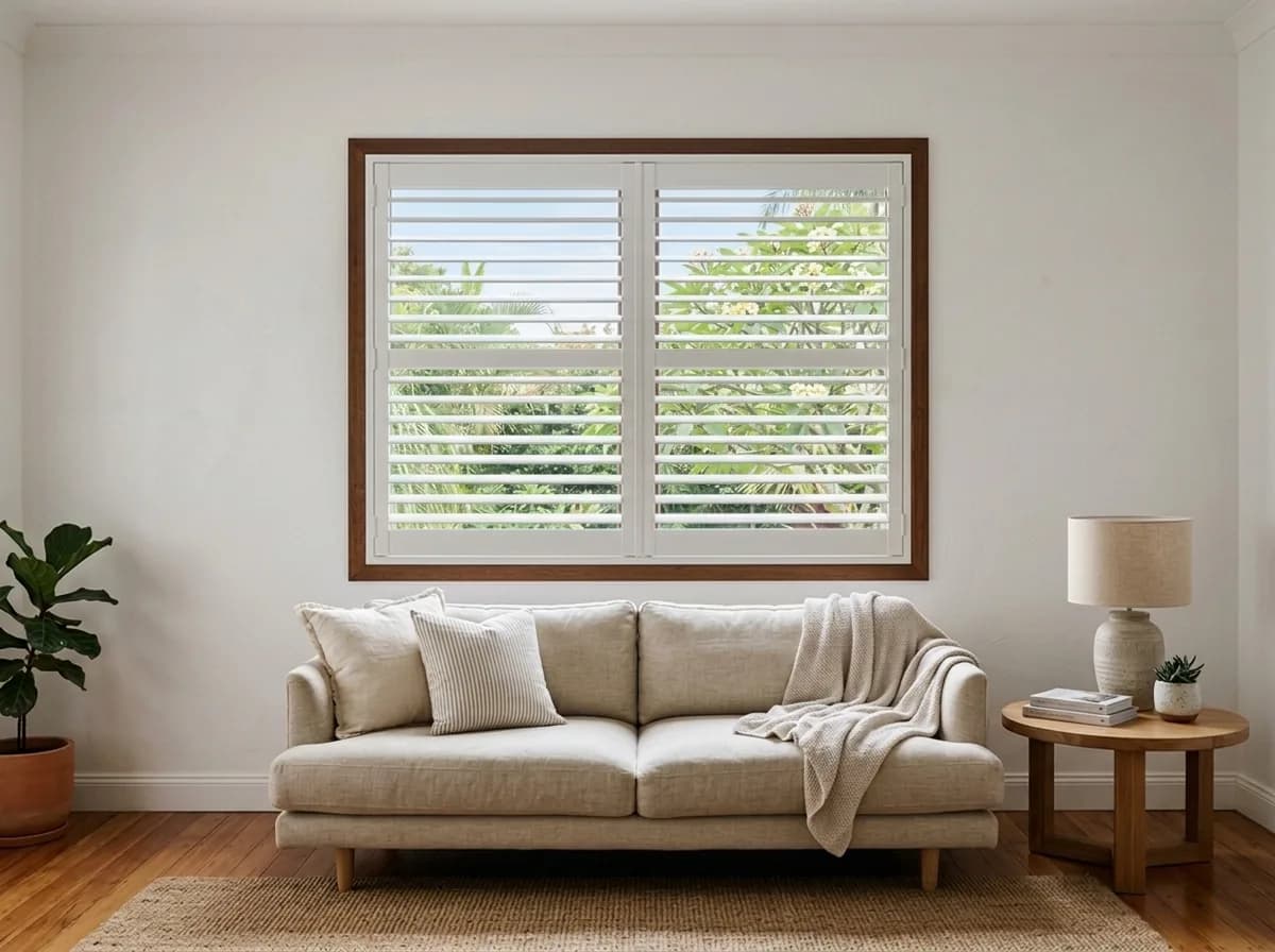 The same living-room window fitted with white plantation shutters, louvres partly open