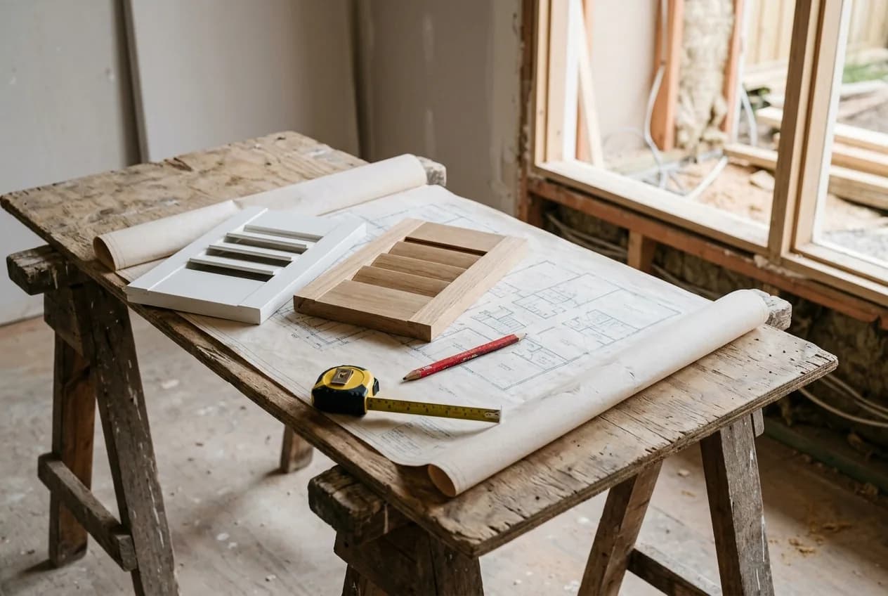 Floor plans on a site trestle with shutter louvre samples, a tape measure and a pencil