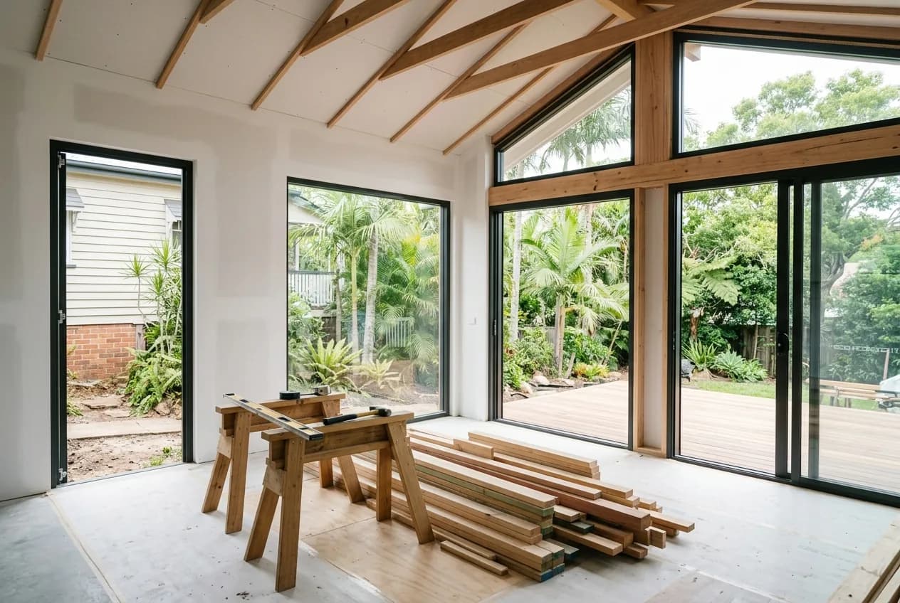 A Brisbane renovation in progress, new glazed openings waiting for window furnishings