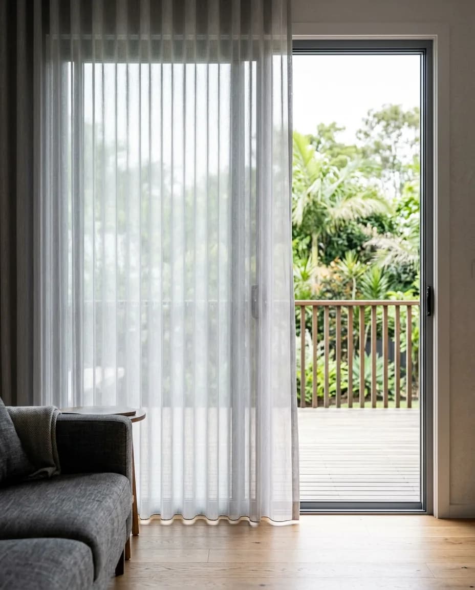 Sheer vertical blinds on a sliding door to a deck