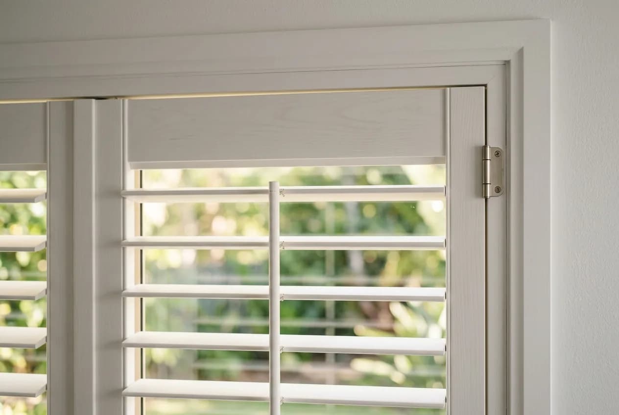 Close detail of a white plantation shutter frame, hinge and louvres on a bedroom window
