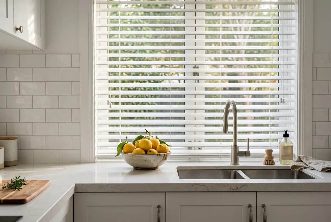 Composite venetian blind in a kitchen