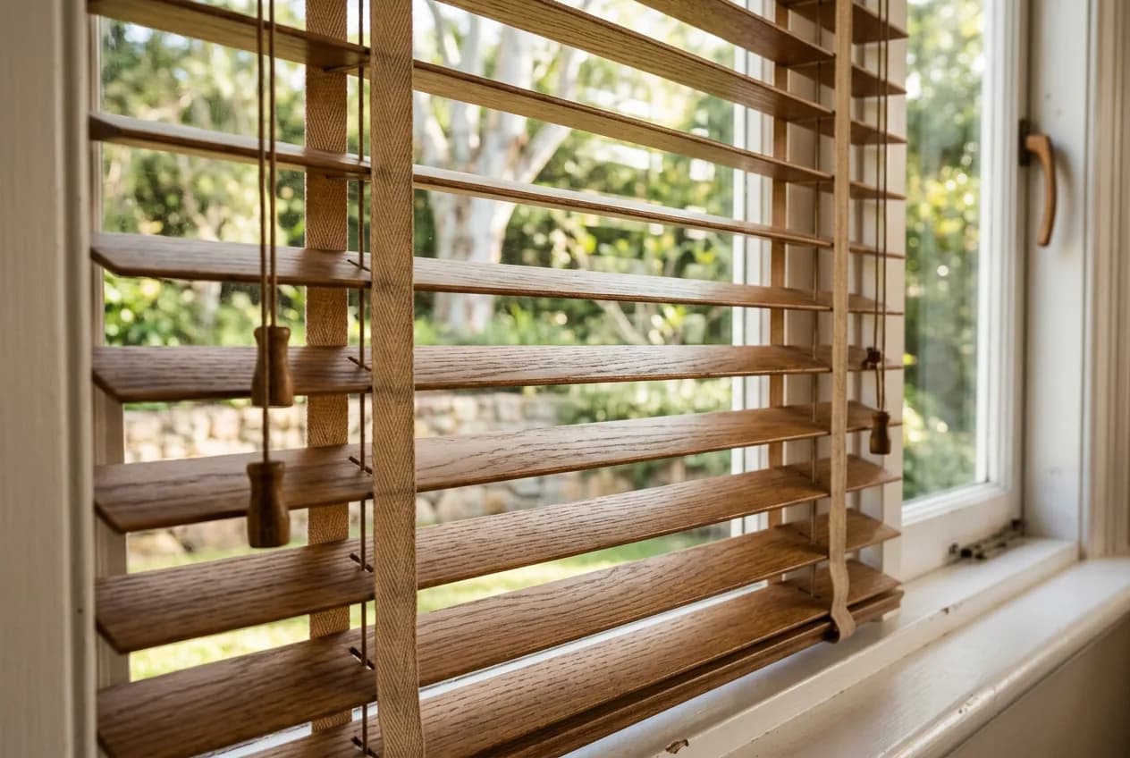 Close three-quarter view of oak-stained timber venetian slats with the ladder tape visible